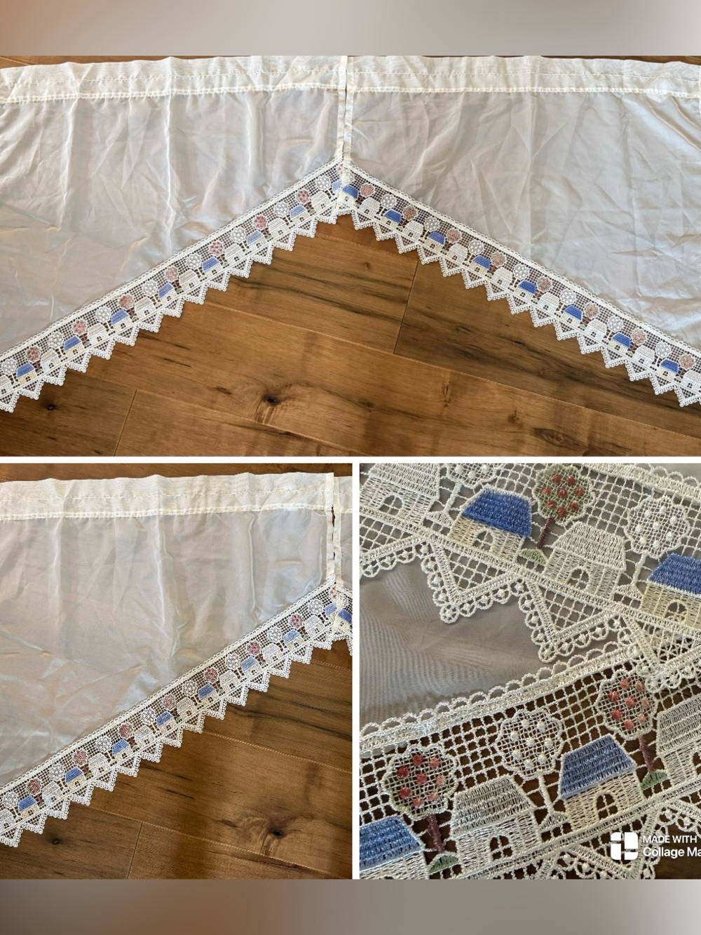 Vintage Lace Trim Window Valances (2) with Embroidered Lace Houses & trees